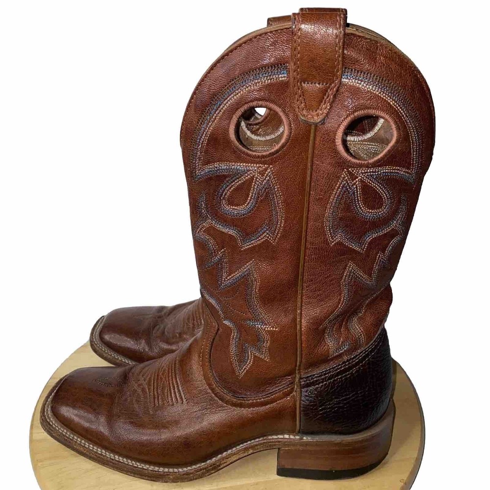 Boulet Buckaroo Boots Mens 7.5 C Brown Teal Leather Square Toe Rodeo 8046